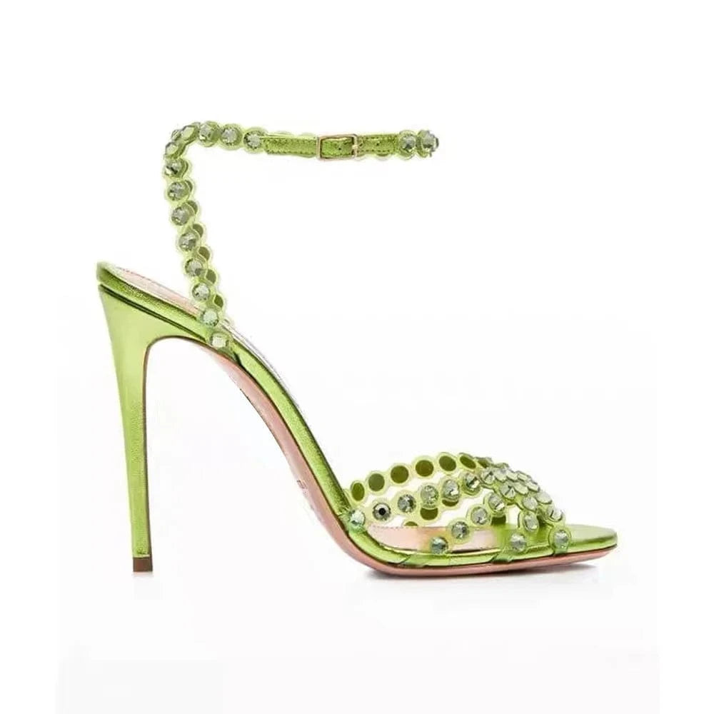 34 / Green Chaussures Femme Luxury Solid Color Rhinestone Decor Mujer Zapatos Ankle Strap Hollow Out High Heel Sandals Ladies Dress Sandals