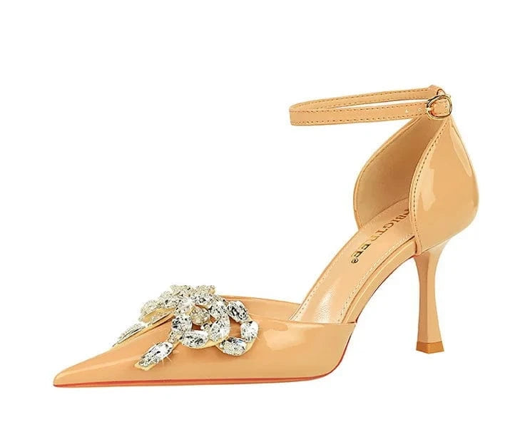 34 / Nude Chaussures Femme Fashion Rhinestone Bowknot Decor Wrap-toe Shoes Ankle Strap Hollow Out High Heel Sandals Ladies Banquet Sandals