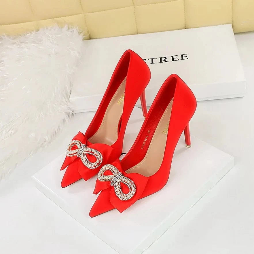 34 / Red 10.5CM 34-43 Banquet pointed pump high heels Thin heeled shallow cut heel shoes Pearl rhinestone bow single shoes office lady shoe