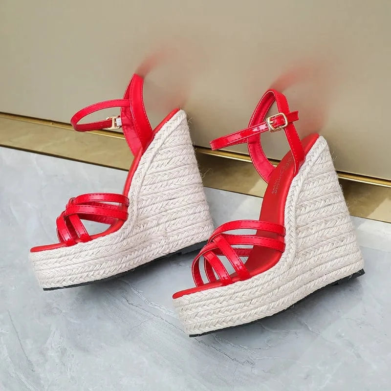 34 / Red Summer Sandals Women Simple Solid Color Round Toe Shoe Open-toe Ankle Strap Large Size Wedge Heels Sandals For Ladies Travelling