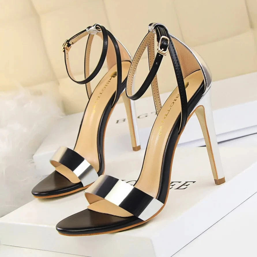 34 / silver 34-40 Fashion Sexy Nightclub Slim Heel Super High Heel Hollow out Color Block One word Open Toe Hollow out Women Sandals