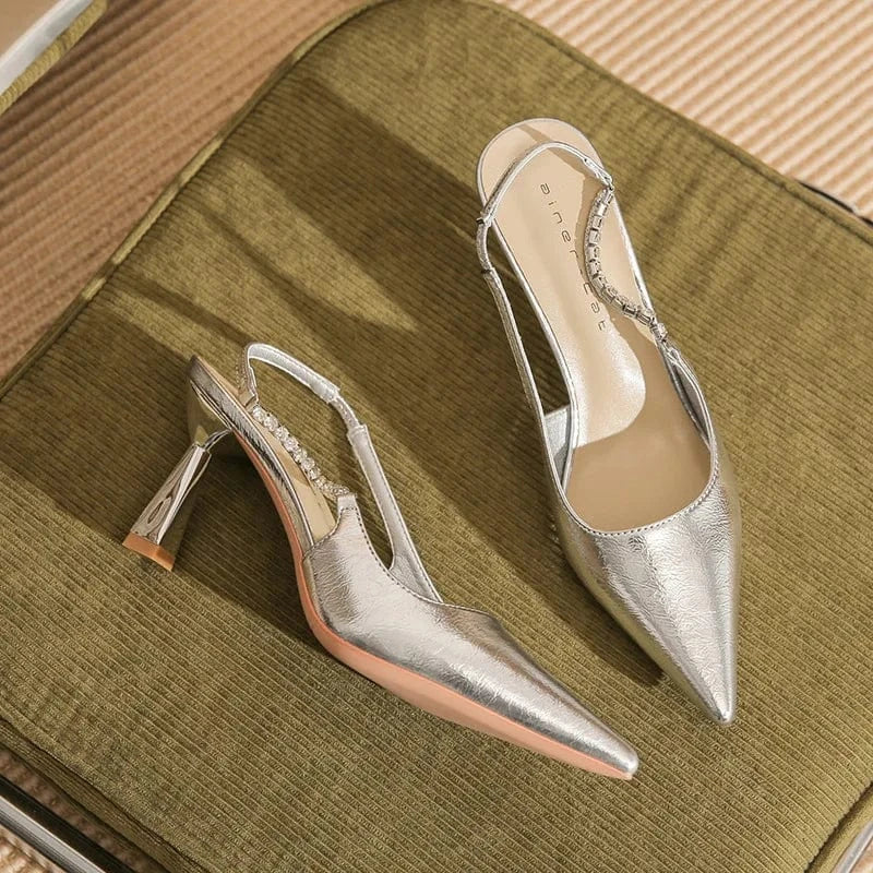 34 / Silver 7.5cm Women Shoes 2023 Hot Selling Microfiber Rhinestone Decor Shoe Wrap-toe Slingback High Heel Sandals Ladies Nightclub Party Sandal