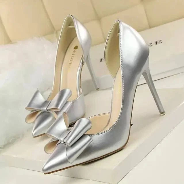 34 / silver Pu bow at the side of pointed toe high heel shoes