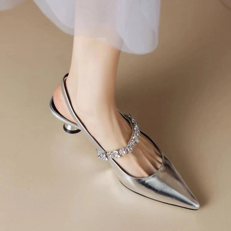 34 / silver Y new fashion rhinestone soft pu black silver pointy Mary Jane ladies low heel single shoes closed toe heeled sandal for women