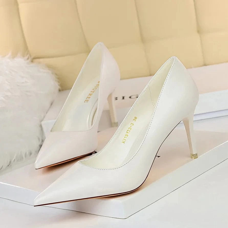 34 / White-7.5cm 9511-17 Trendy Simple Stiletto Ladies Heel Shoes Splicing Pointy With Shallow Tops Office Ladies Thin High Heels Shoes For Women