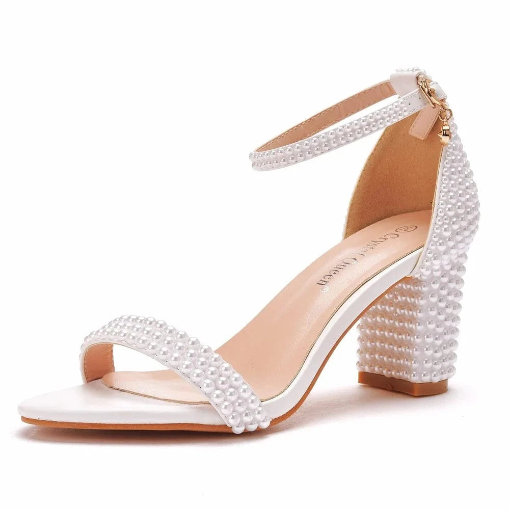 34 / White 7.5cm Chaussures Femme Autumn New Fashion Pearls Decor Dating Sandalias PU Round Toe Slip-toe Chunky Heels Sandals Women Wedding Shoes