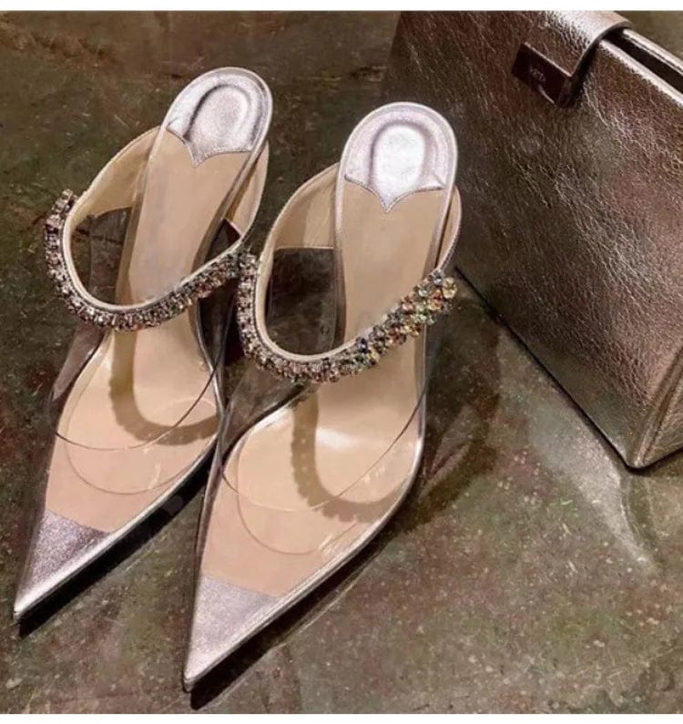 34 / White OUDINA Fashion Stiletto Pointed Ladies Shoe Rhinestone Transparent Sandals High Heels Shoes For Women