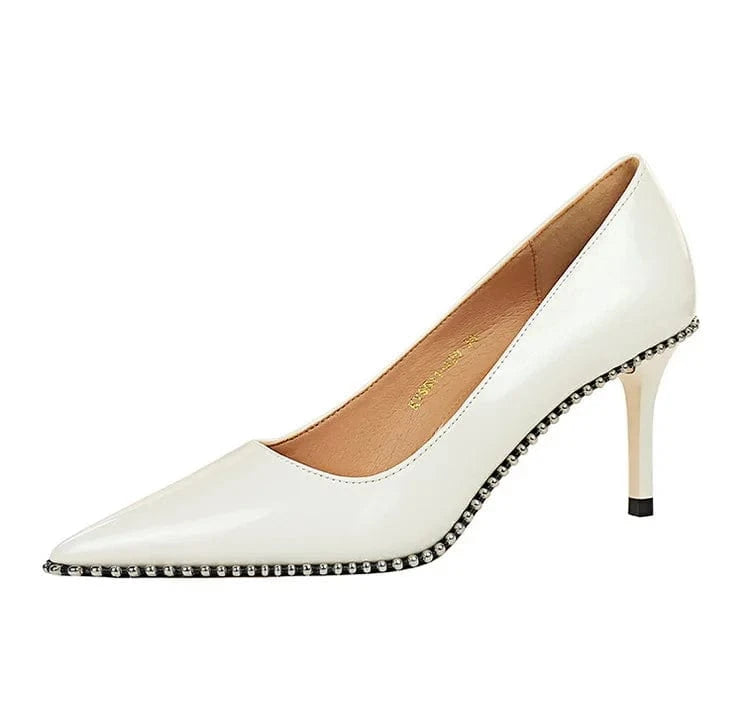34 / White Shoes Rivet Women Pumps New High Heels Stiletto Pu Leather Office Lady Heels Sexy Party Shoes Female Heel Plus Size 43
