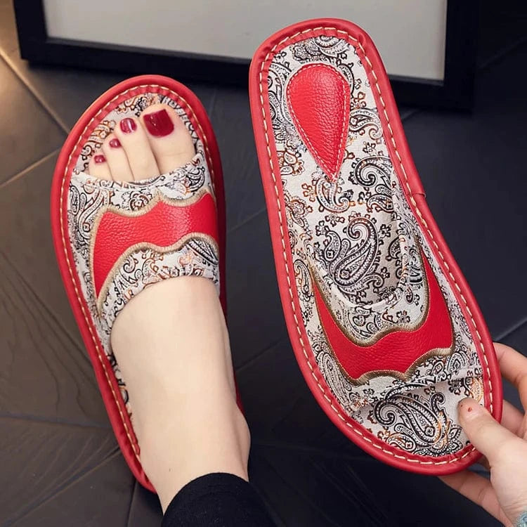 35/36,shoe long 25cm / 1 Summer anti-slippery indoor home embroidery genuine leather slippers for men sandals