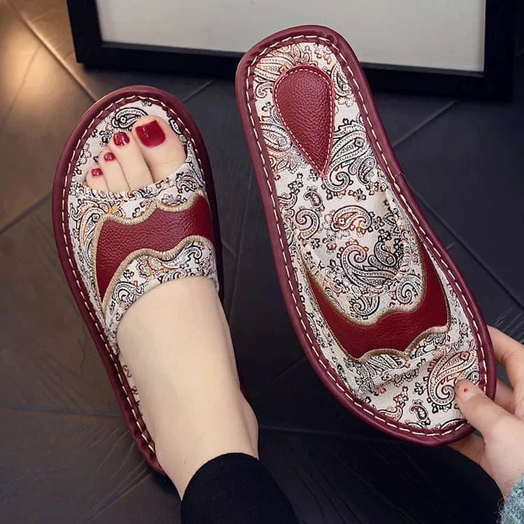 35/36,shoe long 25cm / 5 Summer anti-slippery indoor home embroidery genuine leather slippers for men sandals