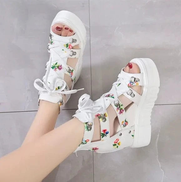 35-42 Fish Mouth Sandals Hollow out inner raised sponge cake thick sole sloping heel Roman sandals high heel 11cm