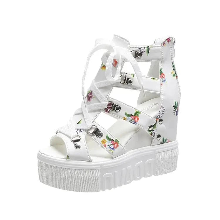 35-42 Fish Mouth Sandals Hollow out inner raised sponge cake thick sole sloping heel Roman sandals high heel 11cm