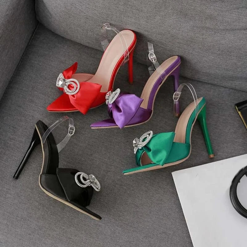 35-42 Size New Silk Pointed Toe Mules Sexy Rhinestone Bow Ladies Sandals Peep Toe Stiletto Women's Heels