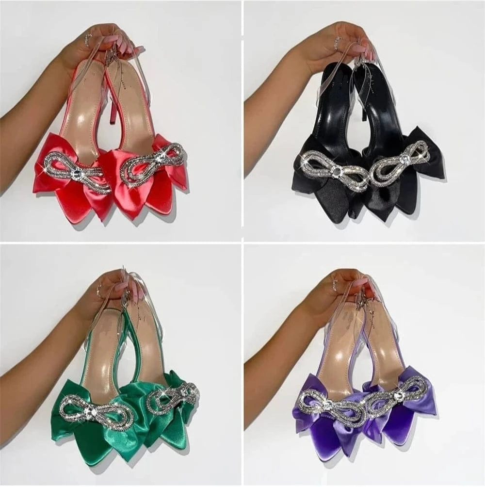 35-42 Size New Silk Pointed Toe Mules Sexy Rhinestone Bow Ladies Sandals Peep Toe Stiletto Women's Heels