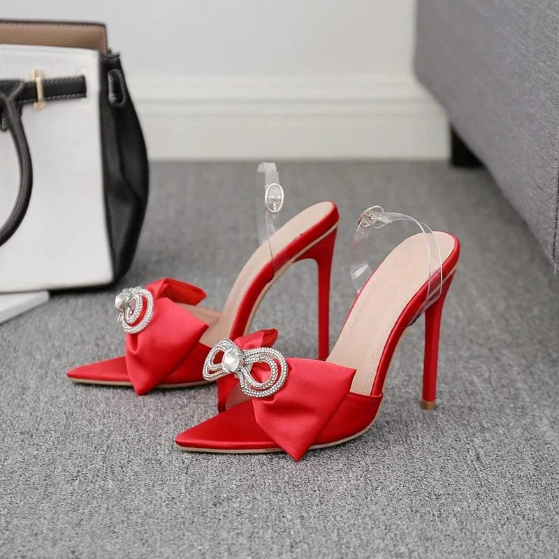 35-42 Size New Silk Pointed Toe Mules Sexy Rhinestone Bow Ladies Sandals Peep Toe Stiletto Women's Heels