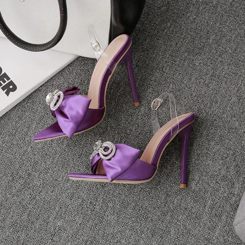 35-42 Size New Silk Pointed Toe Mules Sexy Rhinestone Bow Ladies Sandals Peep Toe Stiletto Women's Heels