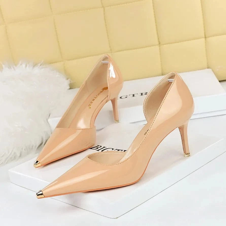 35 / 8829-A5 Nude 7cm Sexy Women Pumps Hot Sale Patent Leather Metal Decor Shoes Shallow Side Hollow Out Super High Heel Pumps Ladies Club Party Shoes