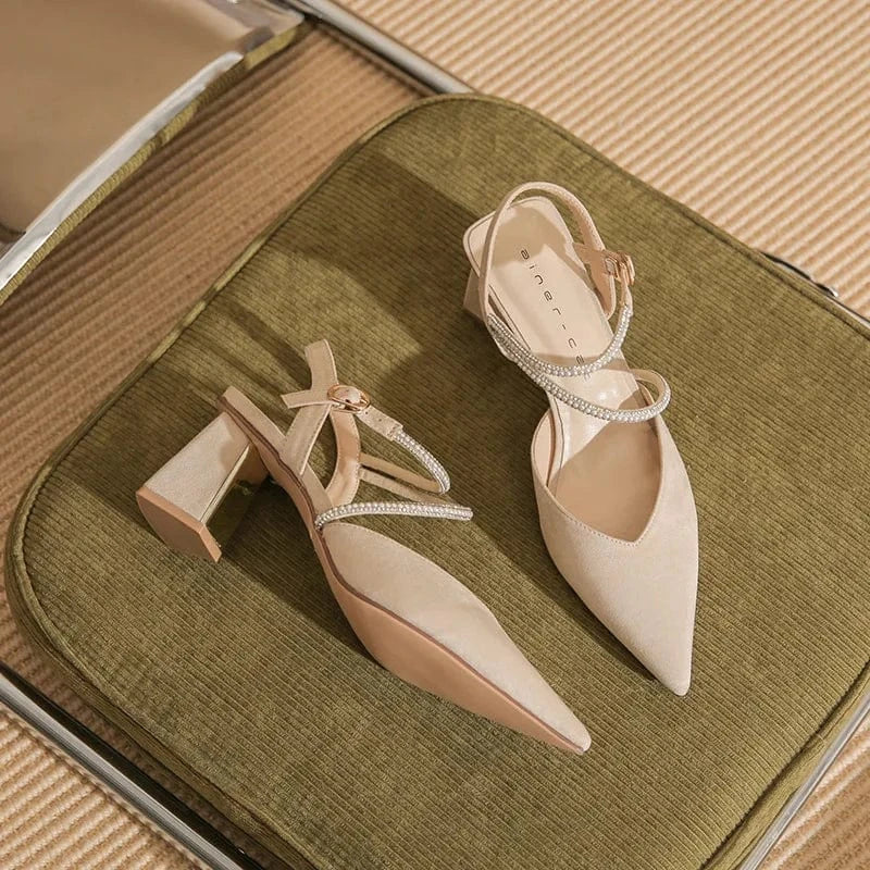 35 / Apricot 6.5cm Chaussures Femme Fashionable Microfiber Pointed-toe Shoes Wrap-toe Ankle Strap High Heel Sandals Ladies Dating Banquet Sandalias
