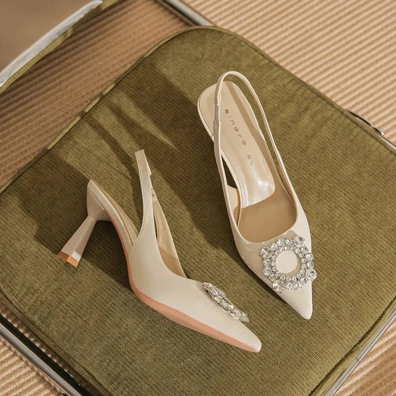 35 / Apricot 7.5cm Chaussures Femme Sexy Microfiber Rhinestone Buckle Zapatos De Mujer Pointed-toe Slingback High Heel Sandals Ladies Party Sandals