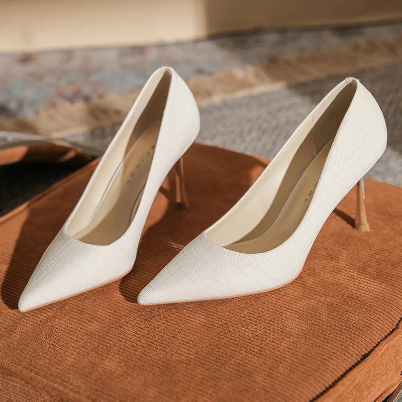 35 / Apricot 8cm New Women Stilettos Retro Synthetic Leather Crocodile Print Shoes Solid Color Pointed-toe High Heeled Pumps Ladies Banquet Shoes