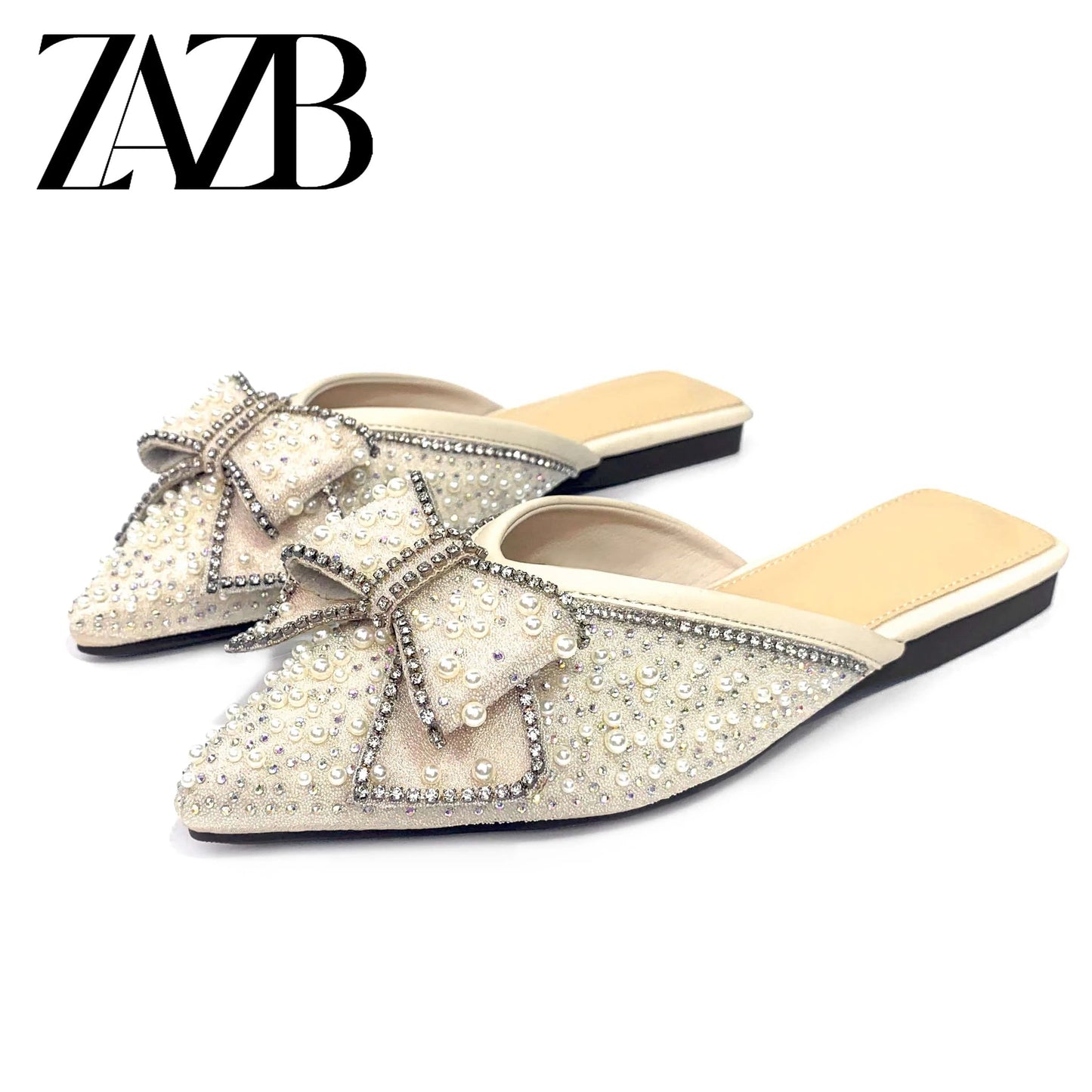 35 / apricot Custom rhinestone bow pointed head designer shoes sandal for women and ladies flat slipper shoes luxury femmes fashion