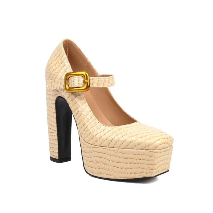 35 / apricot Ladies Animal Prints Green Pumps High Platform Chunky High Heels Shoe Square Toe Women Buckle Strap Mary Jane Shoes