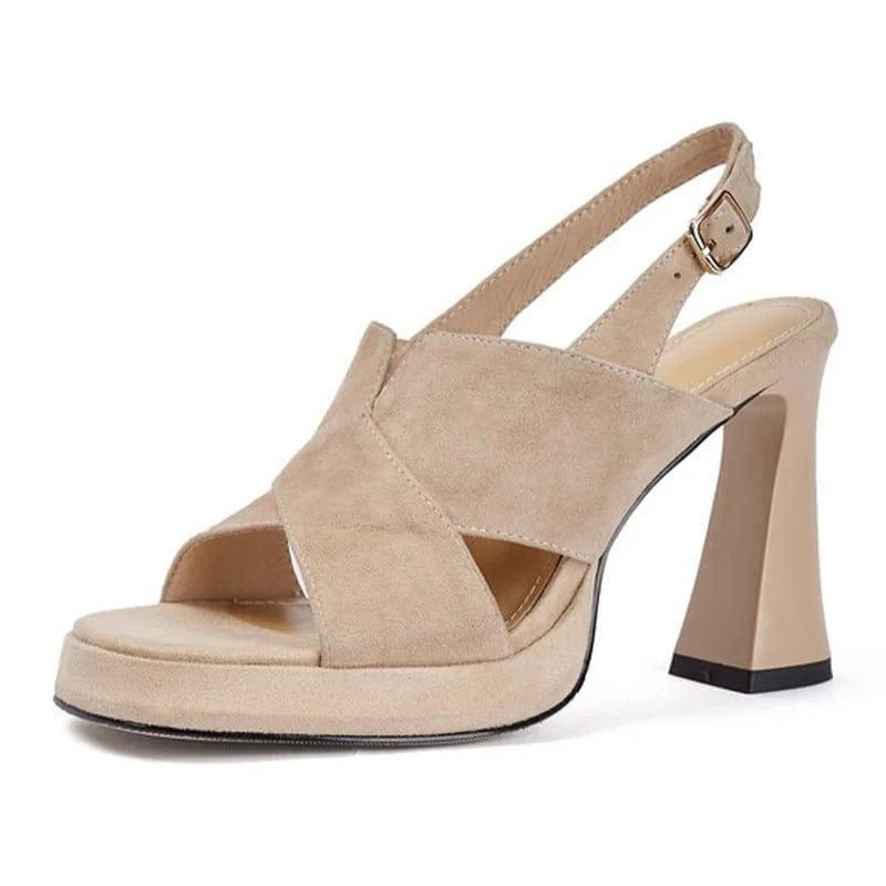 35 / Beige new high heel matte leather waterproof platform open toe black sandals women's shoes