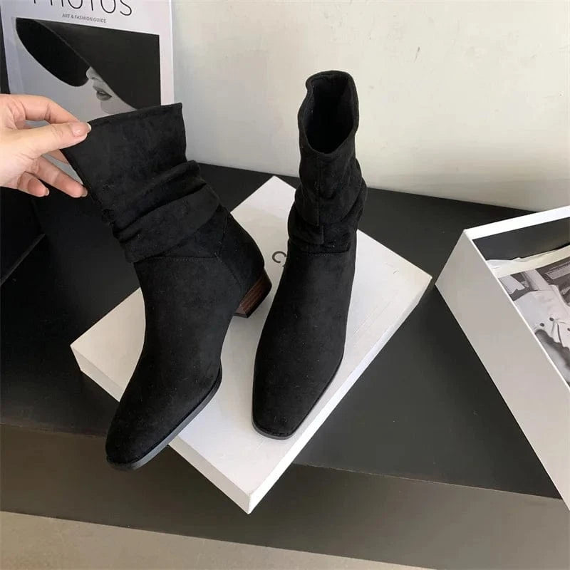 35 / Black 2024 Spring and Autumn New Retro Square Toe Mid-well Boots Women's Solid Color All-match Comfortable Fashion Boots Women