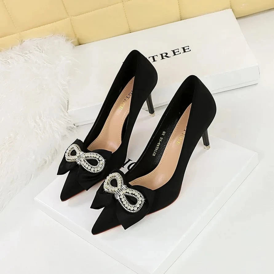 35 / Black 7.5CM 34-43 Banquet pointed pump high heels Thin heeled shallow cut heel shoes Pearl rhinestone bow single shoes office lady shoe