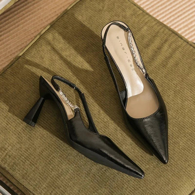 35 / Black 7.5cm Women Shoes 2023 Hot Selling Microfiber Rhinestone Decor Shoe Wrap-toe Slingback High Heel Sandals Ladies Nightclub Party Sandal