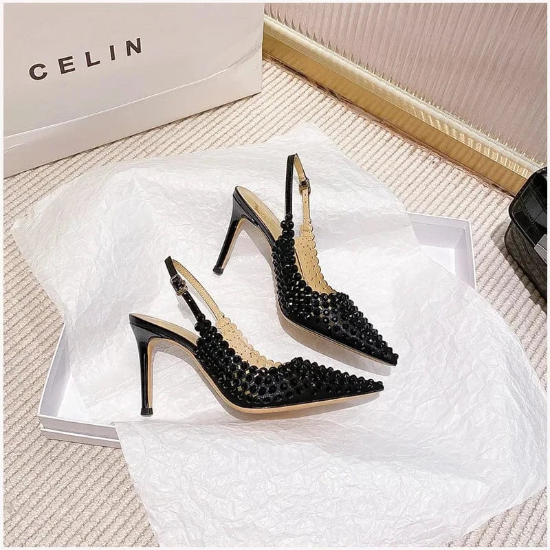 35 / black-8cm PDEP Rhinestone High Heels for ladies crystal luxury Women's 2023 Summer point toe Sandal Bridal Wedding Heel