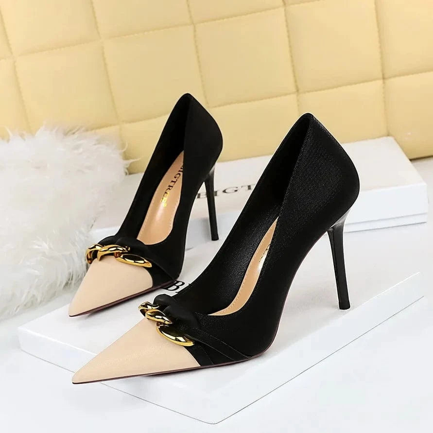 35 / Black 9.5CM 34-40 Elegant Banquet slim heeled women's shoes Light cut color blocking pointed high heels Metal chain decorated high heels