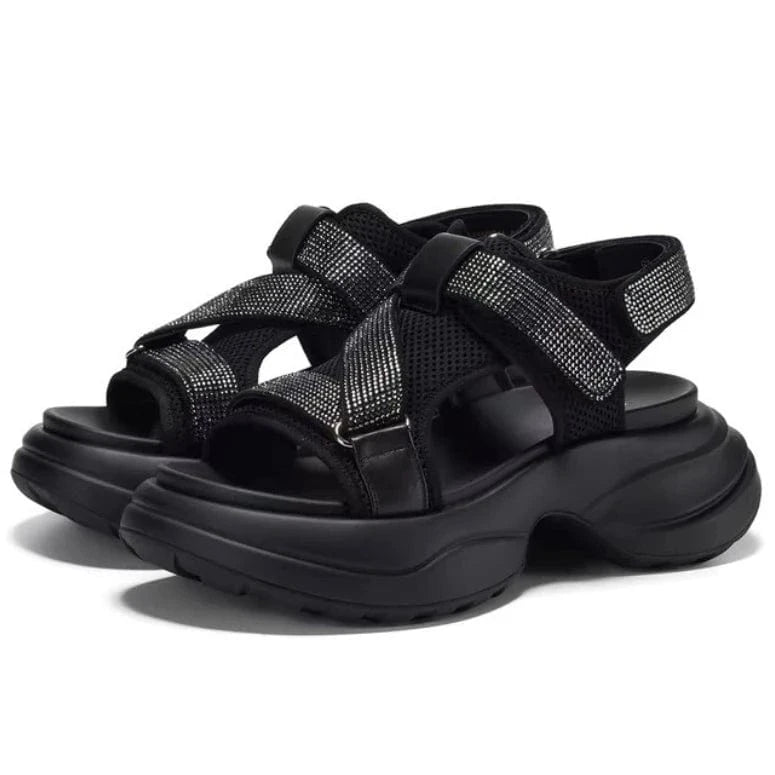 35 / Black Dropshipping Custom Logo Genuine Leather Rhinestone Women's Wedges Sandals Chunky Platform Sandal Shoes