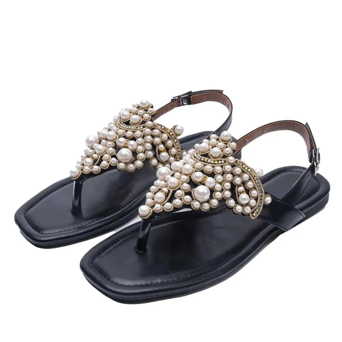 35 / Black Dropshipping Custom Logo Pearl Wedding Shoes Women's Summer White Slide Sandals Flip-flops Soft Rhinestone Flat Beach Sandal