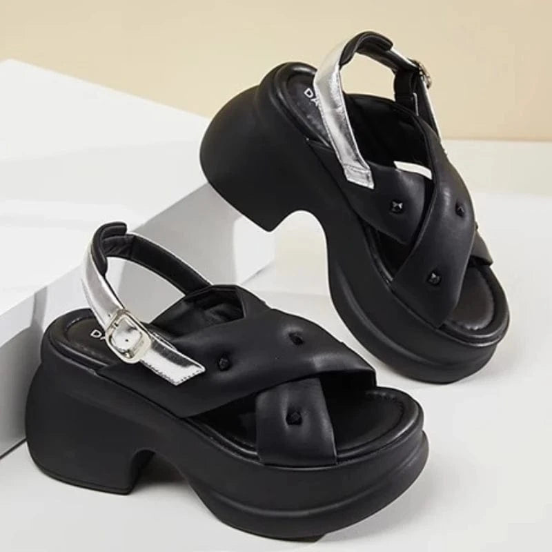 35 / Black Dropshipping Custom Logo Summer Women's Thick Bottom Wedgeds Sandals Silver Chunky Sandal Shoes for Ladies