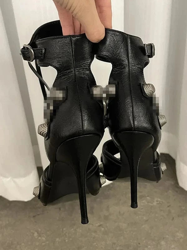 35 / Black Factory custom summer lady designer pu leather heeled sandals high heels shoes for women