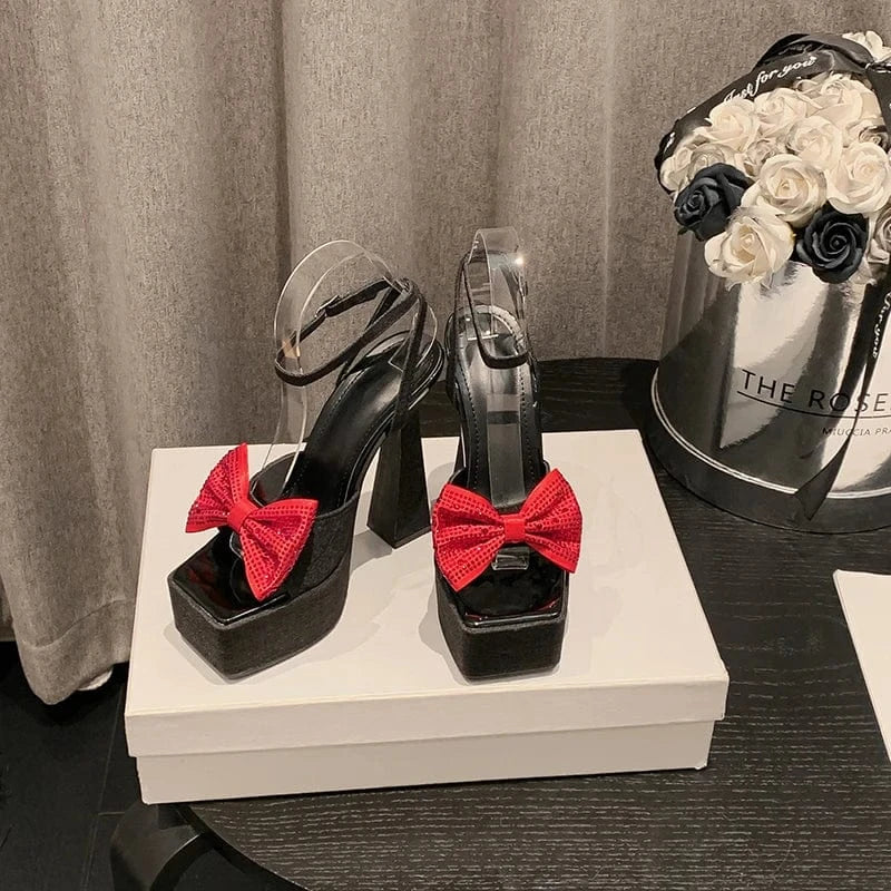 35 / Black Hot sale 2024 new denim thick high heel waterproof platform rhinestone bow stage catwalk shoes