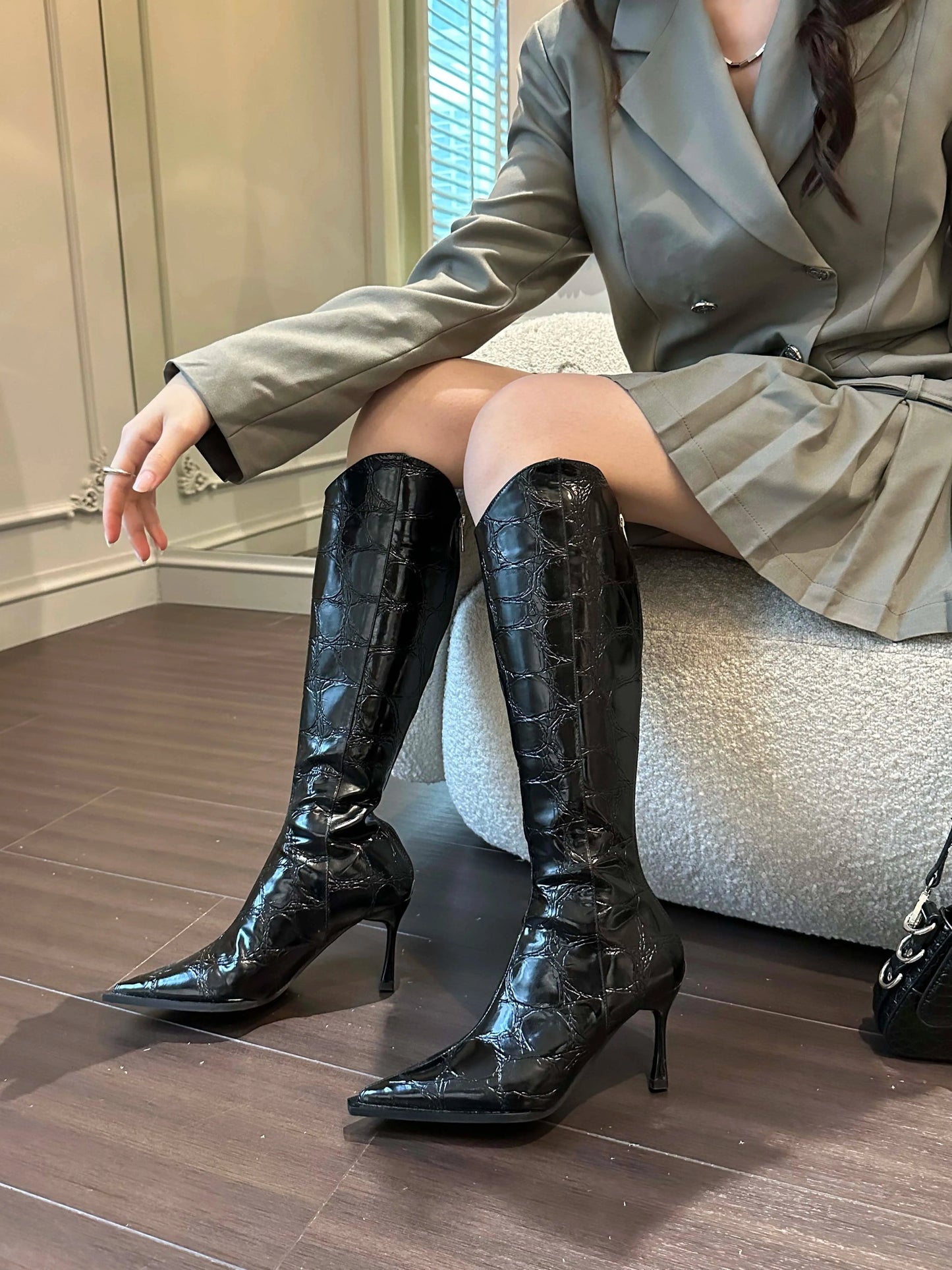 35 / Black New 2024 autumn and winter pointed stiletto heel European and American fashion high heel boots