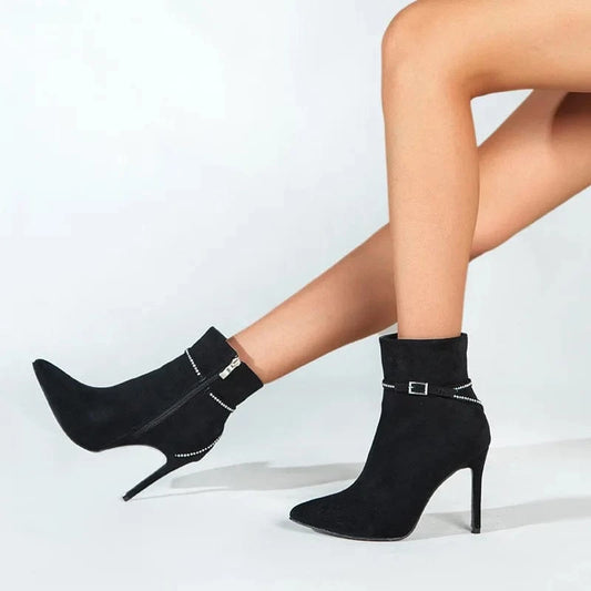 35 / Black New Autumn Winter Women Martin Boots Female Pointed-toe Ankle Buckle High Heels Sexy Party Banquet Ladies Ankle Boots