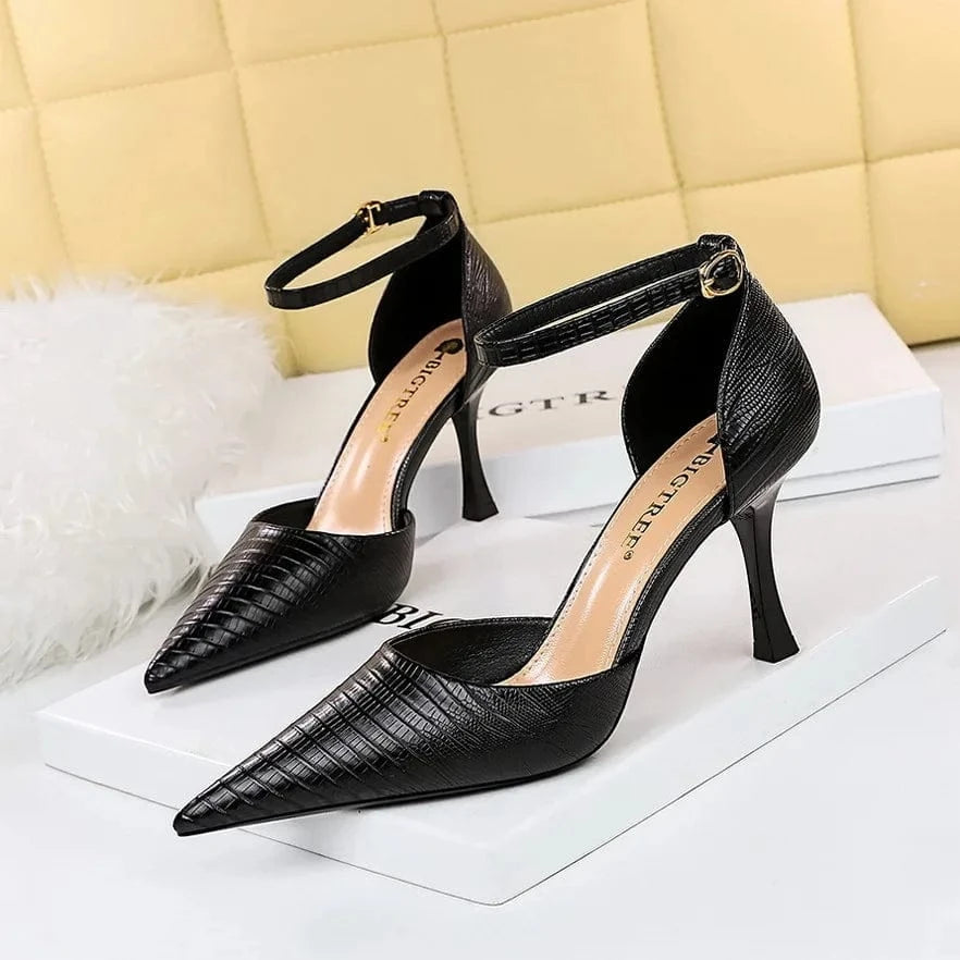 35 / Black Summer Sandals Women Hot Sale Patent Leather Wood Grain Shoes Pointed-toe Hollow Out Wine Glass Heel Sandals For Ladies Vacation
