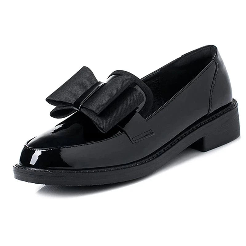 35 / Black Y women singles patent leather soft wearable non-slip block heel Mary Jane British style black butterfly loafer shoes for ladies
