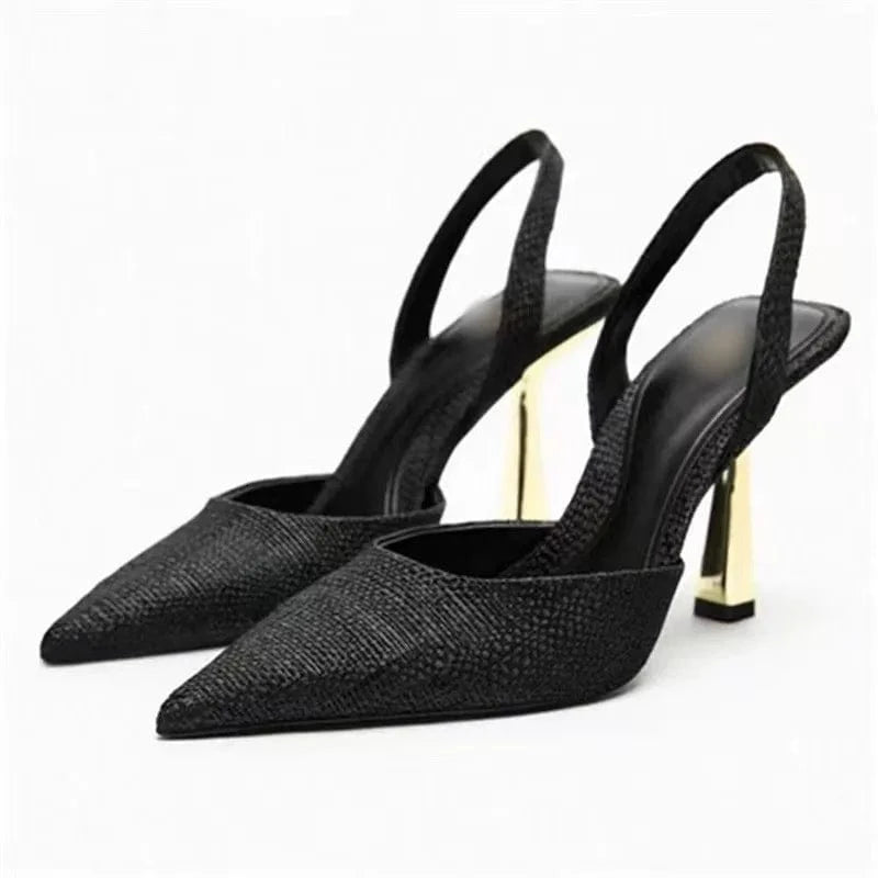 35 / Black ZA2023 Spring New Women's Shoes Pure Color Temperament Pointy Toe Baotou Empty High Heel Cool Fashion Black Gold Sandals Luxury