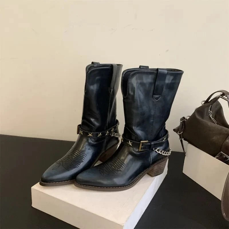 35 / Blue Dropshipping Custom Logo Vintage Western Cowboy Boots for Women Pointed Thick Heel Rubber Shoes with Short Belt Buckle Winter
