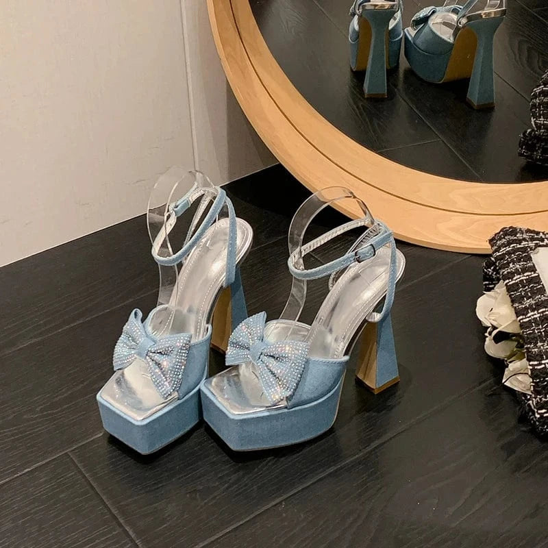 35 / Blue Hot sale 2024 new denim thick high heel waterproof platform rhinestone bow stage catwalk shoes
