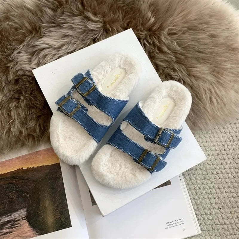 35 / Blue Woman Plush Slippers 2024 Casual Flats Furry Slides Winter Comfort Warm Bedroom Shoes Ladies Luxury Designer Home Cotton Boots