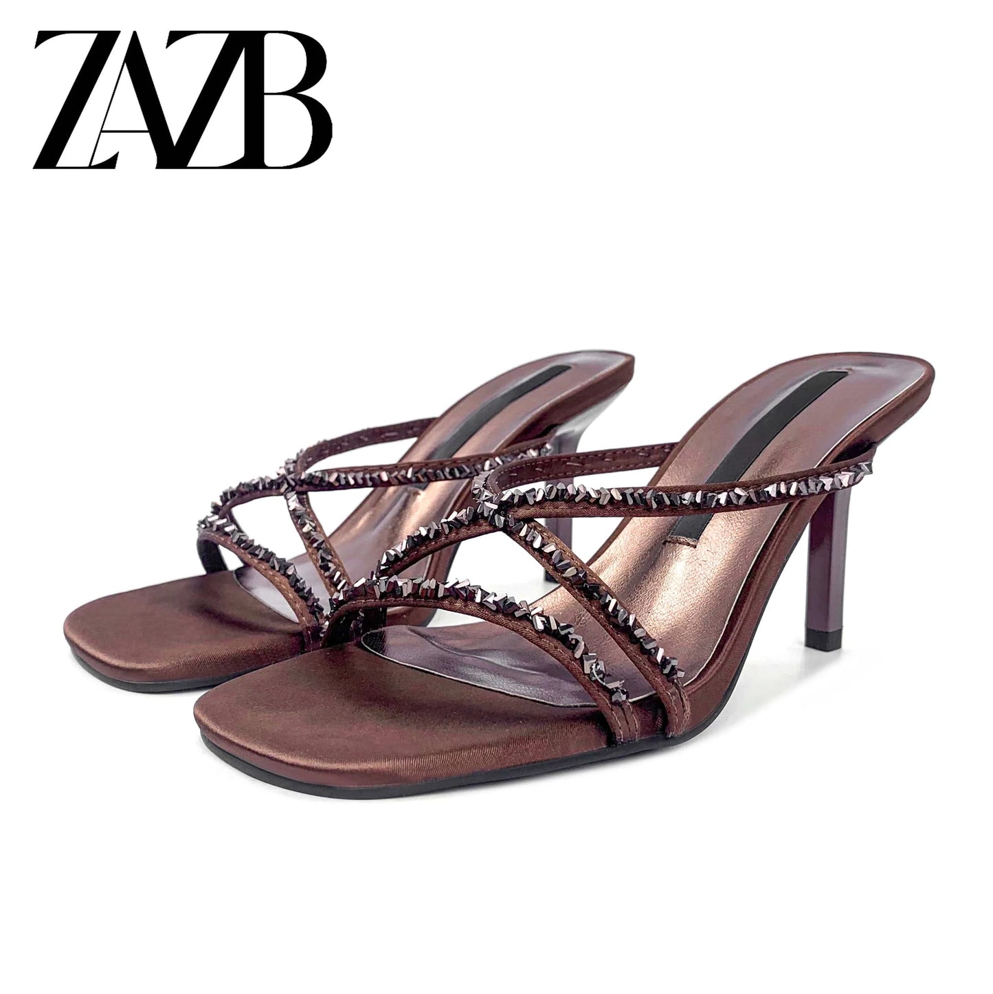 35 / Brown Summer new women's Rhinestone open toe cross belt fashion high-heeled sandals wear sandals outside
