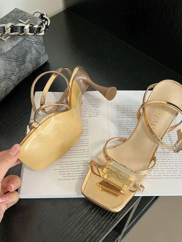 35 / Champagne Fashion New 2024 fashion new large diamond buckle with high heel sandals party women's shoes