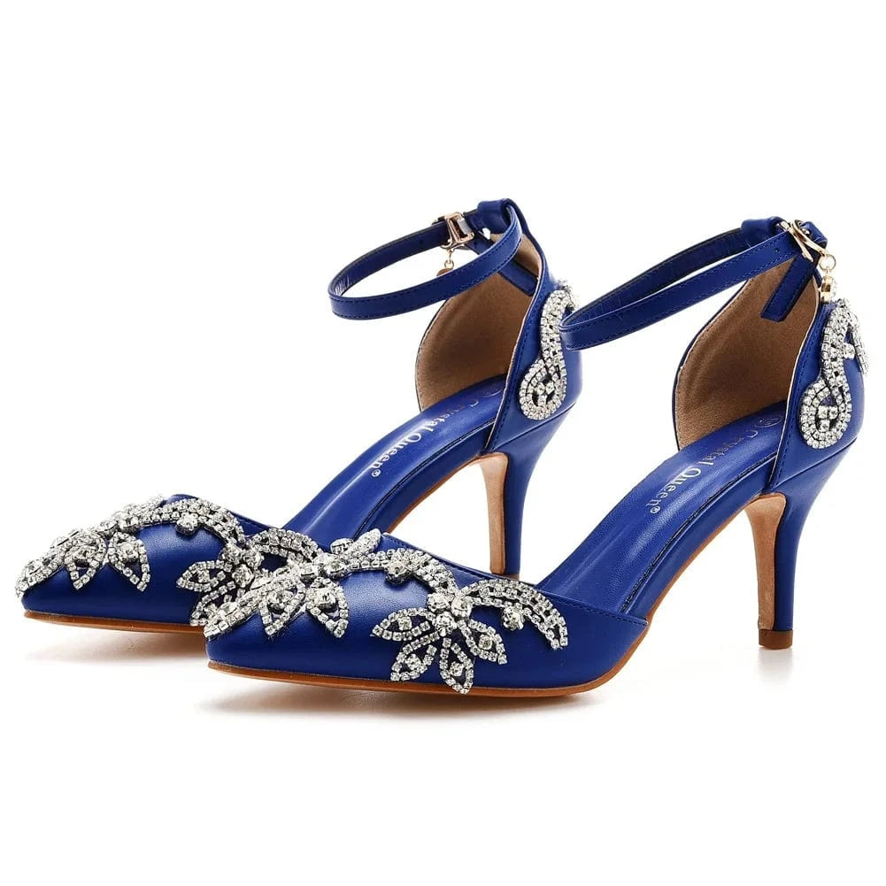 35 / Dark Blue Women Wedding Shoes Classic Rhinestone Decor PU Pointed-toe Shoes Hollow Out Ankle Strap High Heel Sandals Ladies Bridal Sandals