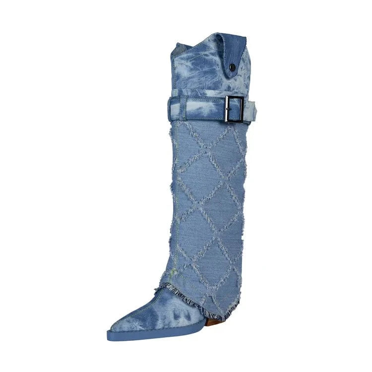 35 / denim Custom Logo Cowboy Winter Boots Western Women Knee High Shoes 2023 New Fashion Denim Fleece Chunky Heel Slip On Pointed Toe