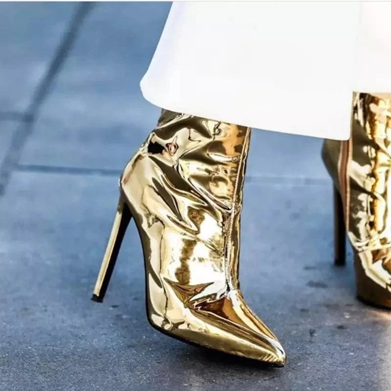 35 / Gold Banquet Botas Ladies Mirror Leather Boots Plus Size Pointy Toe Stiletto Heel Sexy Short Boots Women Metallic Ankle Boots 2022